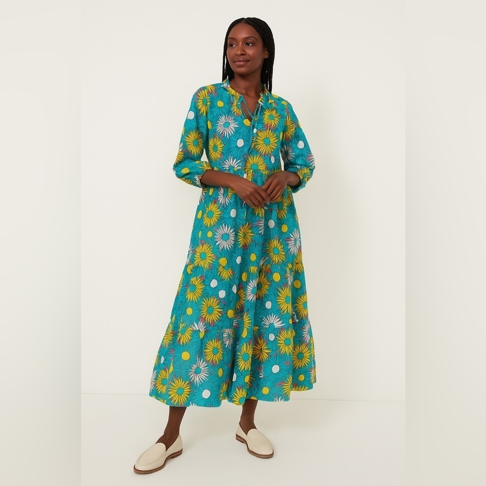 Tuckernuck Retro Daisy Caftan Dress S NWT Cotton Long Sleeve Tiered Boho Chic